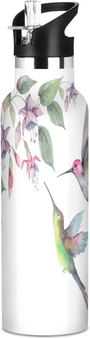 Boys Water Bottle with Straw Reusable Tumbler for Toddlers 20oz Kids Insulated Cups Leak Proof Double Wall 304 Stainless Steel Water Flask School Bottle,Set Of Hummingbird