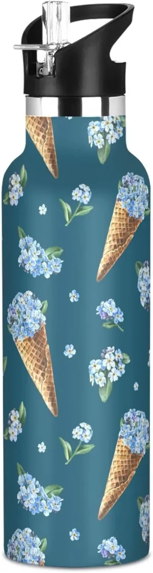 Boys Water Bottle with Straw Reusable Tumbler for Toddlers 20oz Kids Insulated Cups Leak Proof Double Wall 304 Stainless Steel Water Flask School Bottle,Spring Blue Flowers