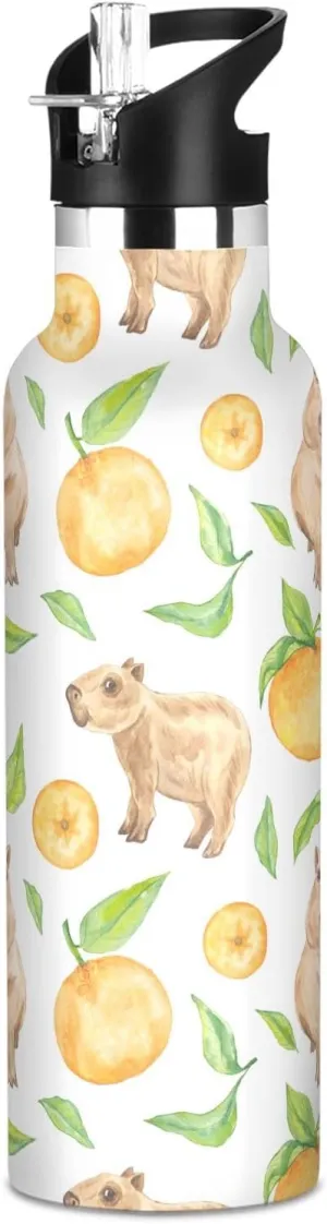 Boys Water Bottle with Straw Reusable Tumbler for Toddlers 20oz Kids Insulated Cups Leak Proof Double Wall 304 Stainless Steel Water Flask School Bottle,Watercolor Capybaras Nature