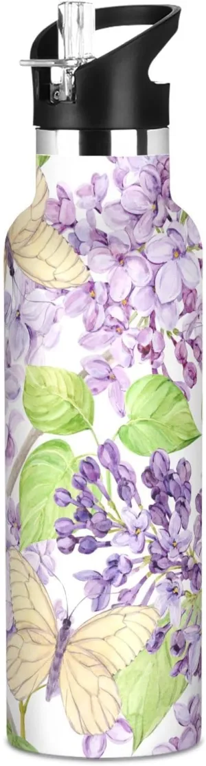 Boys Water Bottle with Straw Reusable Tumbler for Toddlers 20oz Kids Insulated Cups Leak Proof Double Wall 304 Stainless Steel Water Flask School Bottle,Watercolors Cloves Butterflies
