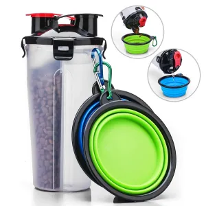 BPA-Free 2-in-1 Pet Food Container w/ 2 Collapsible Dog Bowls for Walking Hiking