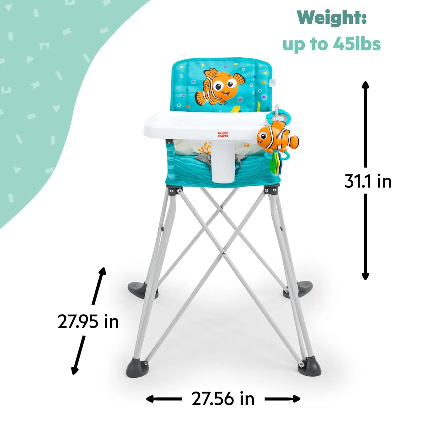 Bright Starts Disney Baby Finding Nemo Pop ‘n Dine Portable Highchair, Suction Cup Nemo Toy, Space Saving High Chair for Indoor/Outdoor Dining with Fast, Easy, Compact Fold, 6 Months - 45 Pounds