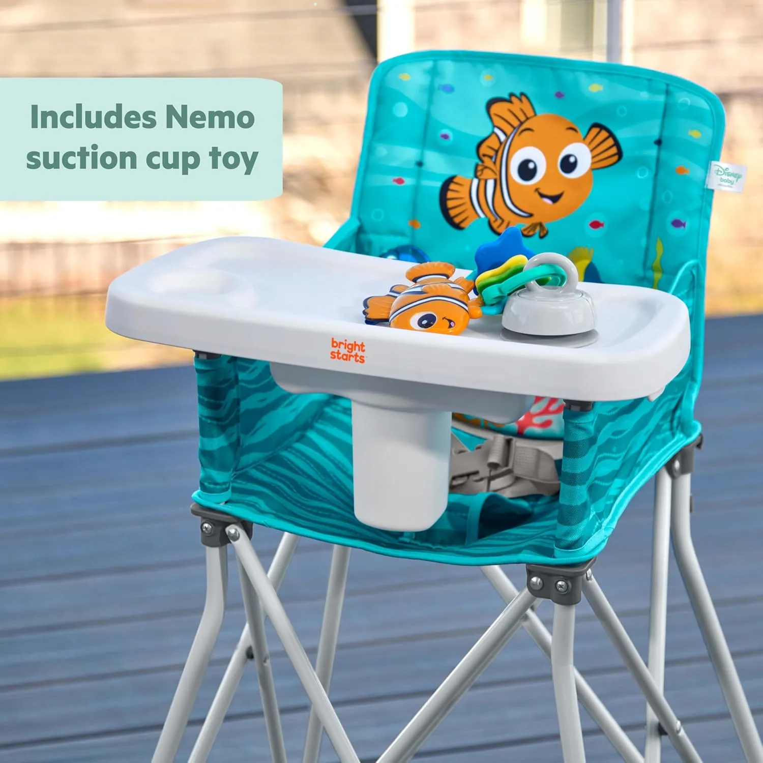 Bright Starts Disney Baby Finding Nemo Pop ‘n Dine Portable Highchair, Suction Cup Nemo Toy, Space Saving High Chair for Indoor/Outdoor Dining with Fast, Easy, Compact Fold, 6 Months - 45 Pounds