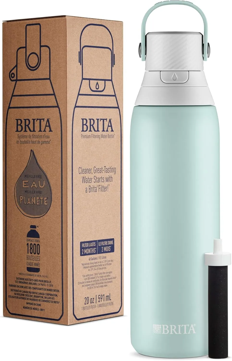 Brita Stainless Steel Premium Filtering Water Bottle, BPA-Free, Reusable, Insulated, Replaces 300 Plastic Water Bottles, Filter Lasts 2 Months or 40 Gallons, Includes 1 Filter, Glacier - 20 oz.