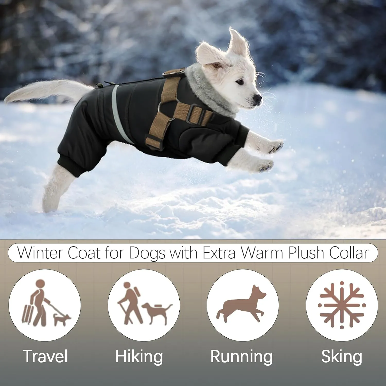BRKURLEG Black Dog Coat with Harness, Dog Winter Jacket, Dog Onesie Body Warm Jackets, Pet Windproof Warm Cold Weather Coats, Reflective Waterproof Cold Weather Doggy Cozy Jacket Hiking L