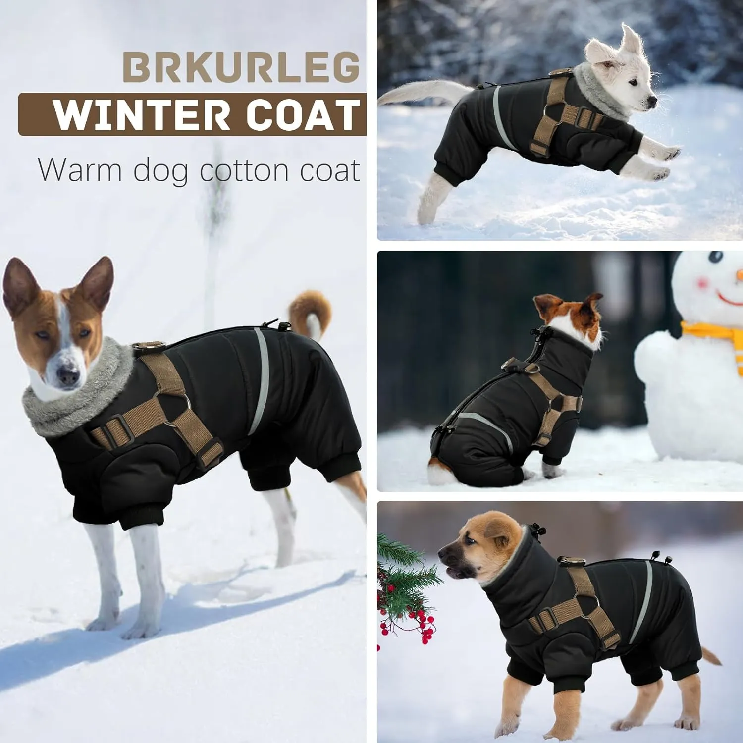 BRKURLEG Black Dog Coat with Harness, Dog Winter Jacket, Dog Onesie Body Warm Jackets, Pet Windproof Warm Cold Weather Coats, Reflective Waterproof Cold Weather Doggy Cozy Jacket Hiking L
