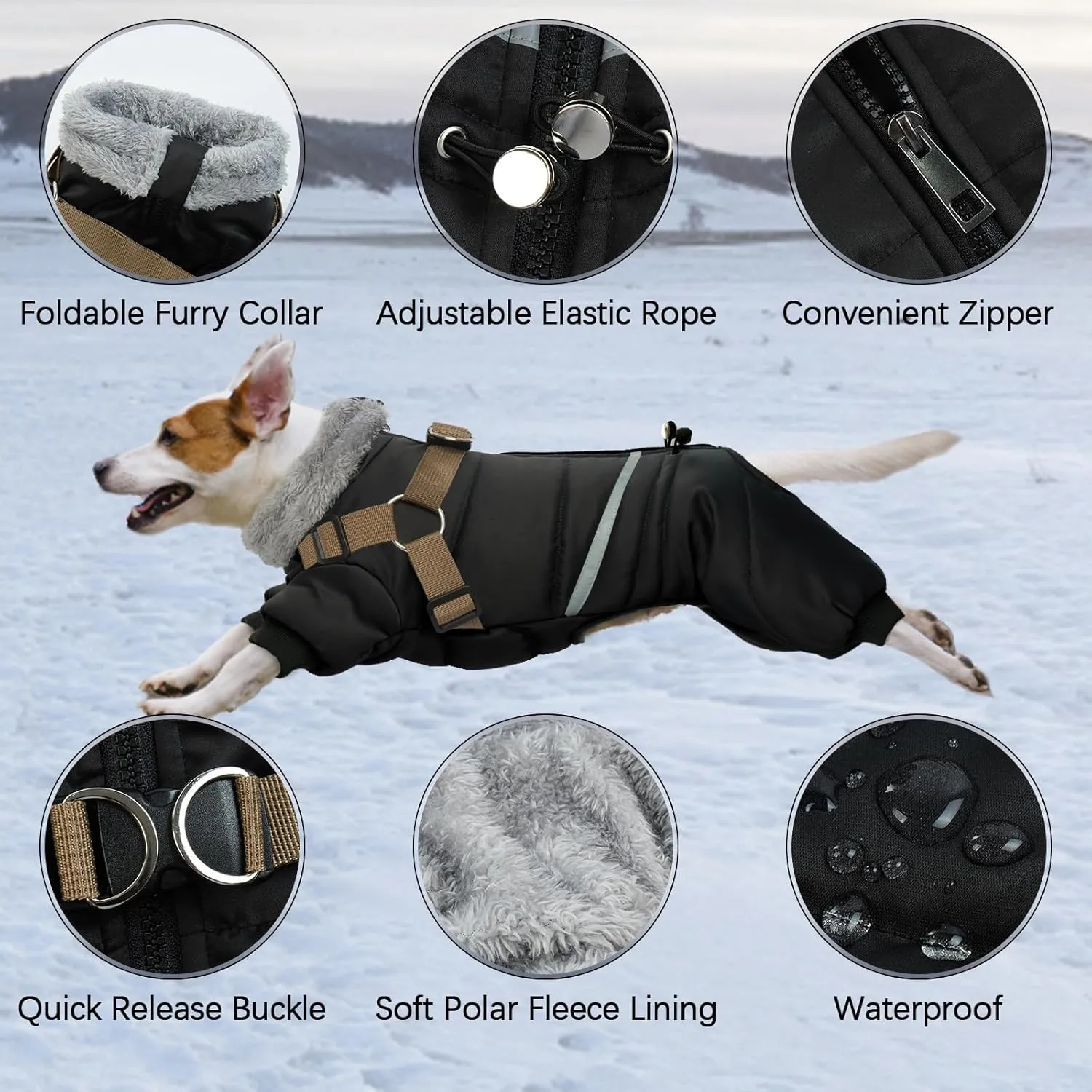 BRKURLEG Black Dog Coat with Harness, Dog Winter Jacket, Dog Onesie Body Warm Jackets, Pet Windproof Warm Cold Weather Coats, Reflective Waterproof Cold Weather Doggy Cozy Jacket Hiking L