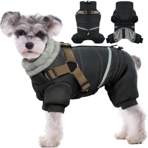 BRKURLEG Black Dog Coat with Harness, Dog Winter Jacket, Dog Onesie Body Warm Jackets, Pet Windproof Warm Cold Weather Coats, Reflective Waterproof Cold Weather Doggy Cozy Jacket Hiking L
