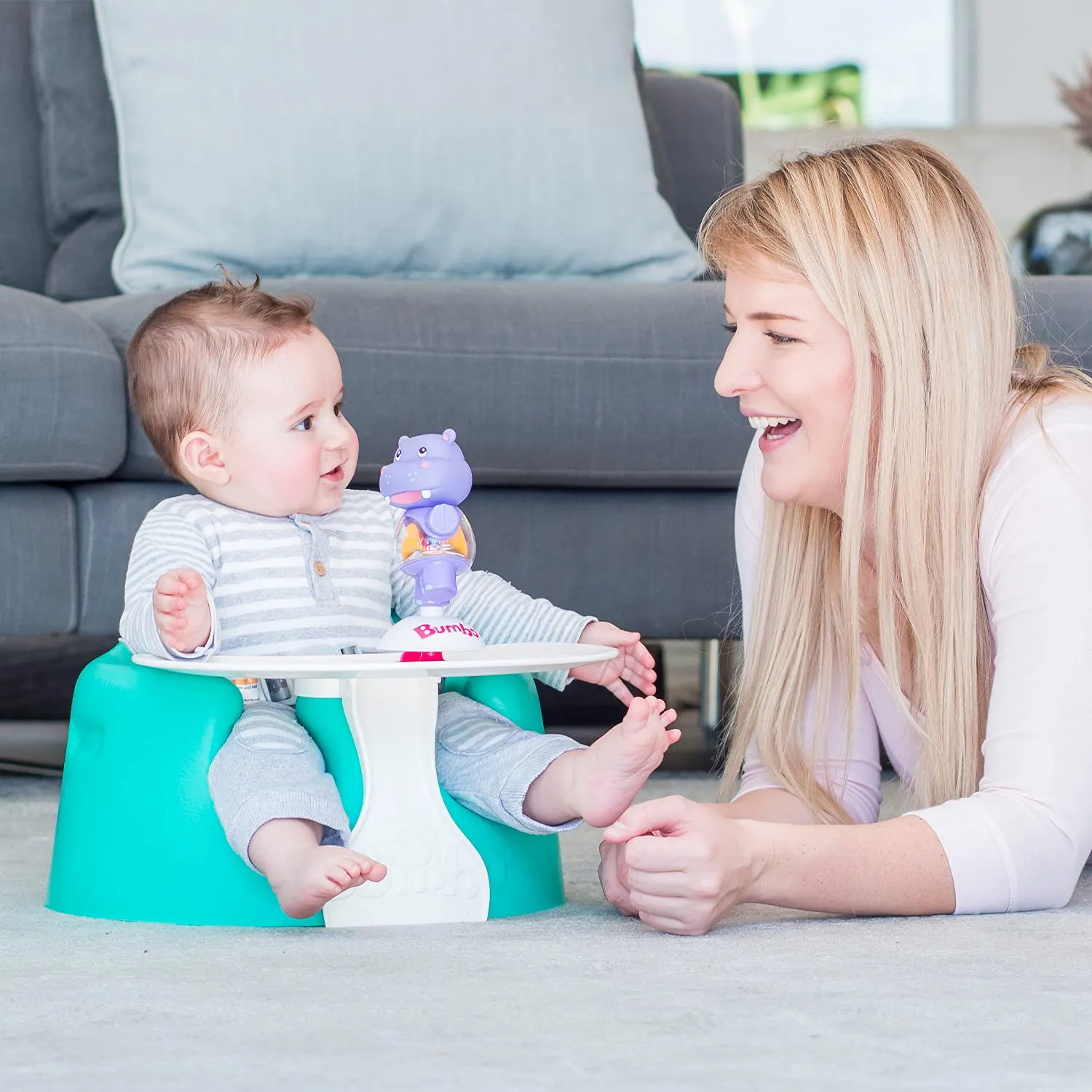 Bumbo B10055MPA3 Baby Infant Soft Foam Comfortable Wide Floor Seat with 3 Point Adjustable Harness and Play Top Tray Attachment, Aqua