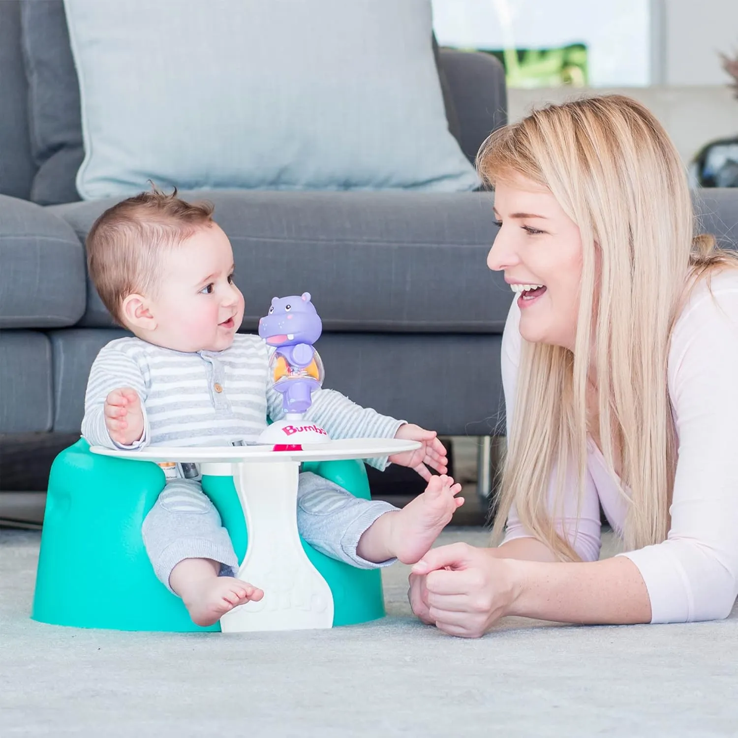 Bumbo Baby Infant Soft Foam Comfortable Floor Booster Seat Supportive Chair with 3 Point Adjustable Safety Buckle Strap Harness, Aqua 2 Pack
