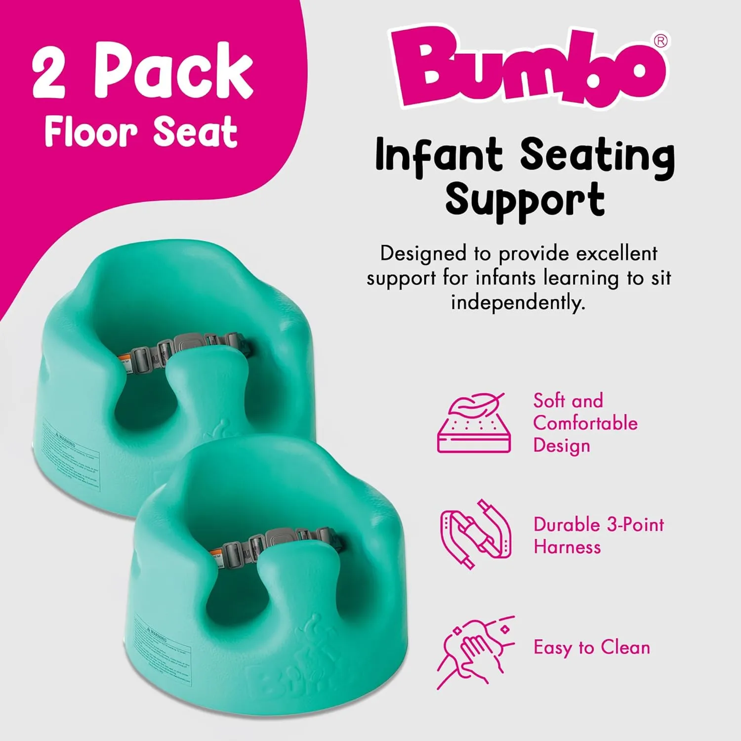 Bumbo Baby Infant Soft Foam Comfortable Floor Booster Seat Supportive Chair with 3 Point Adjustable Safety Buckle Strap Harness, Aqua 2 Pack