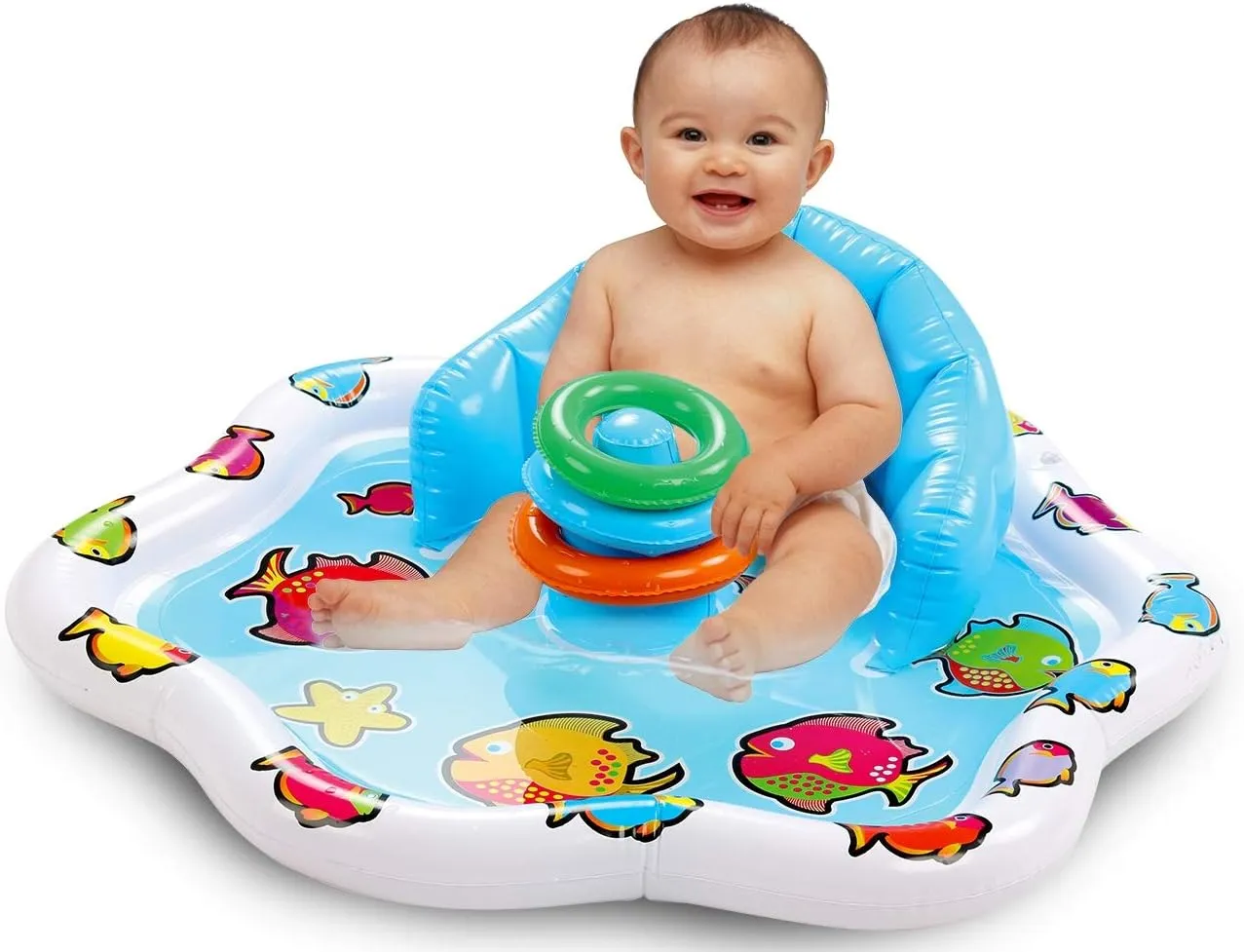 Bundaloo Infant Pool Splash Mat Inflatable with Backrest & Stackable Ring Toys | Summer Fun Activity for Baby Toddlers | Easy Setup