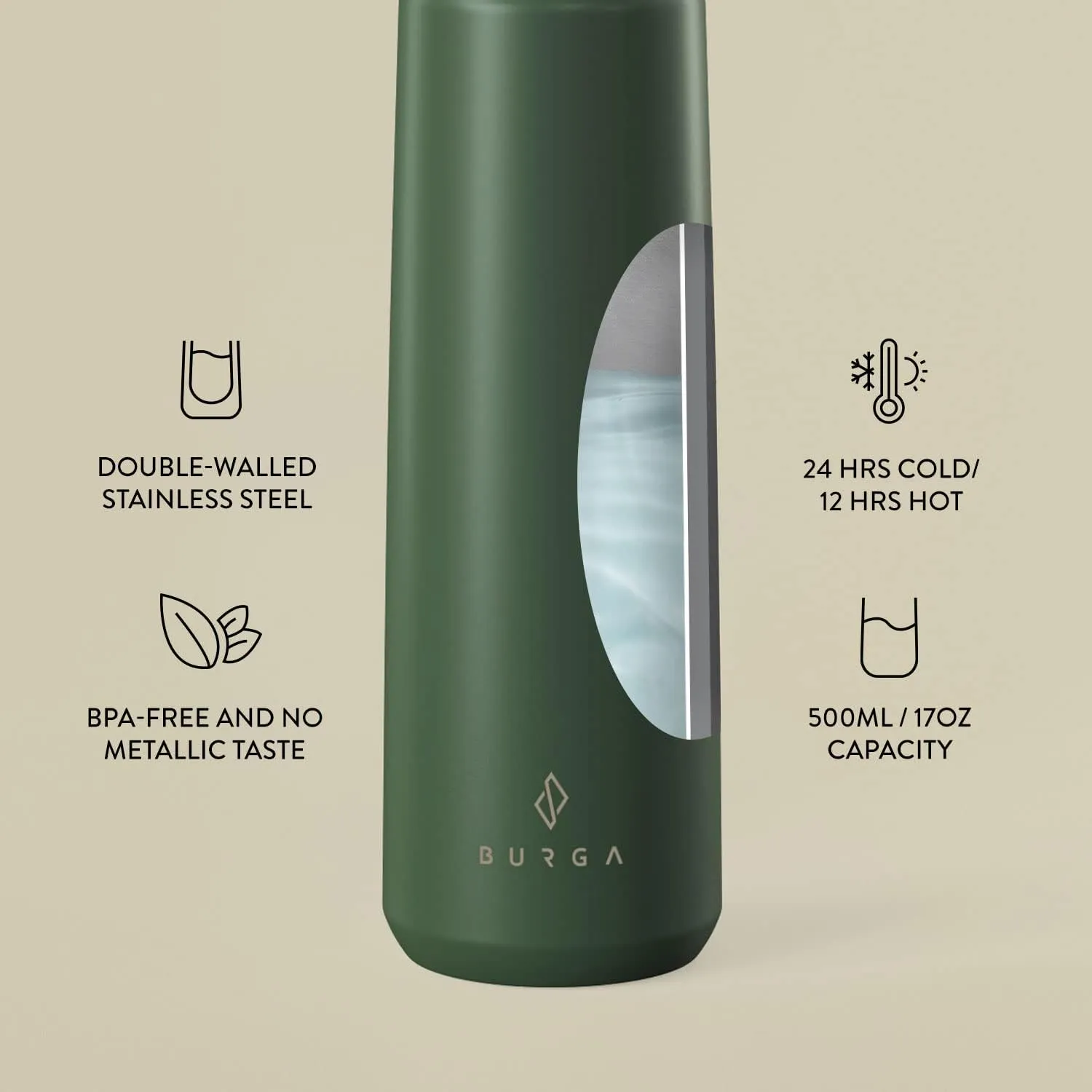 BURGA Insulated Stainless Steel Bottle (17oz) Keeps Hot or Cold, Anti-Slip, Leak-Proof Forest Green