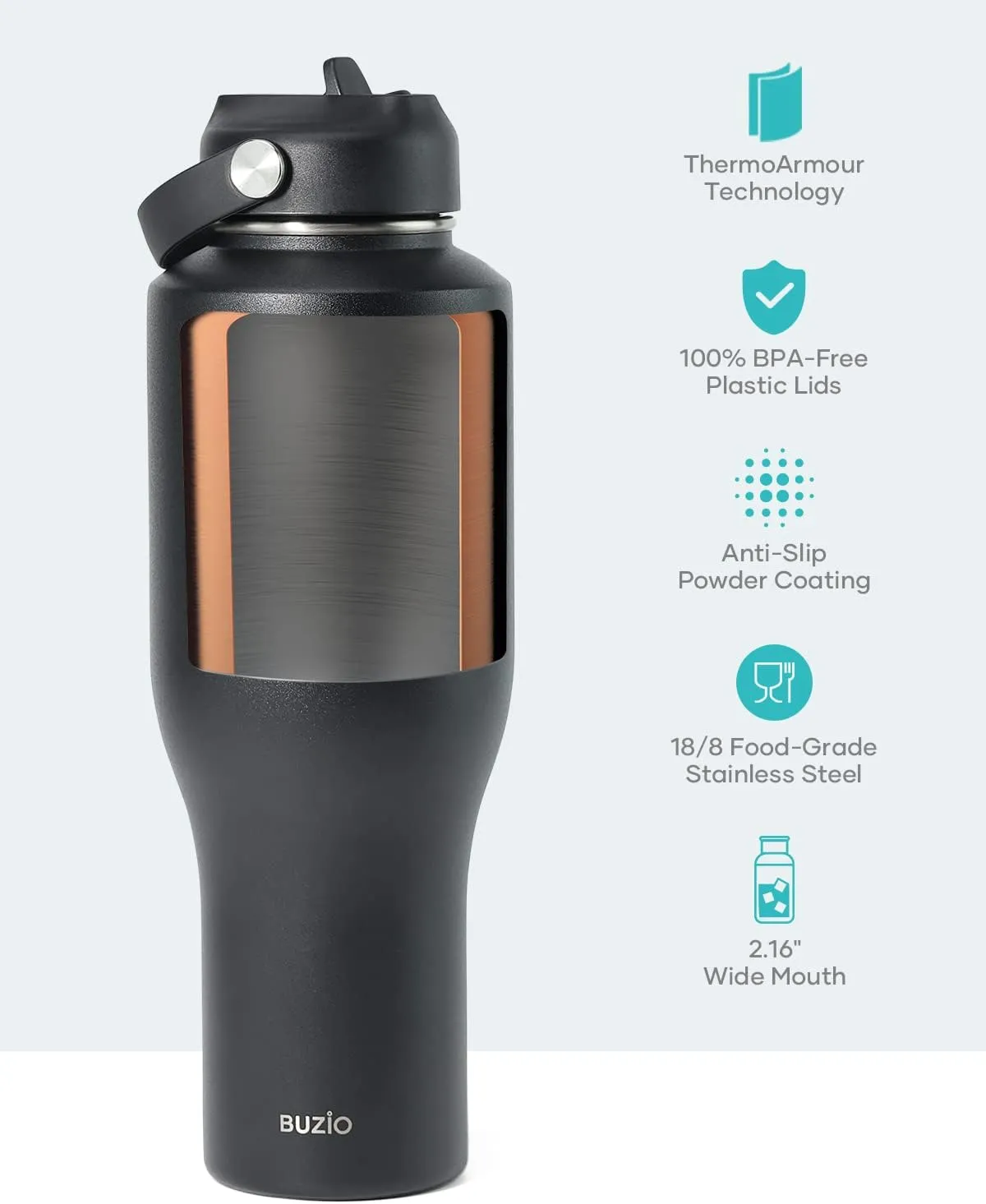 BUZIO 40oz Tumbler with Handle Straw Lid and Flex Lid, 40 oz Insulated Water Bottle Fits in Car Cup Holder, Double Wall Stainless Steel Travel Flask, Keeps Cold for 48 Hrs, Hot for 24 Hrs, Black