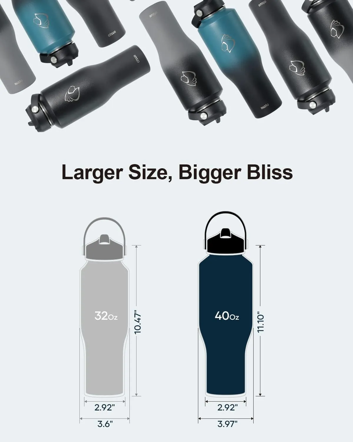 BUZIO 40oz Tumbler with Handle Straw Lid and Flex Lid, 40 oz Insulated Water Bottle Fits in Car Cup Holder, Double Wall Stainless Steel Travel Flask, Keeps Cold for 48 Hrs, Hot for 24 Hrs, Black