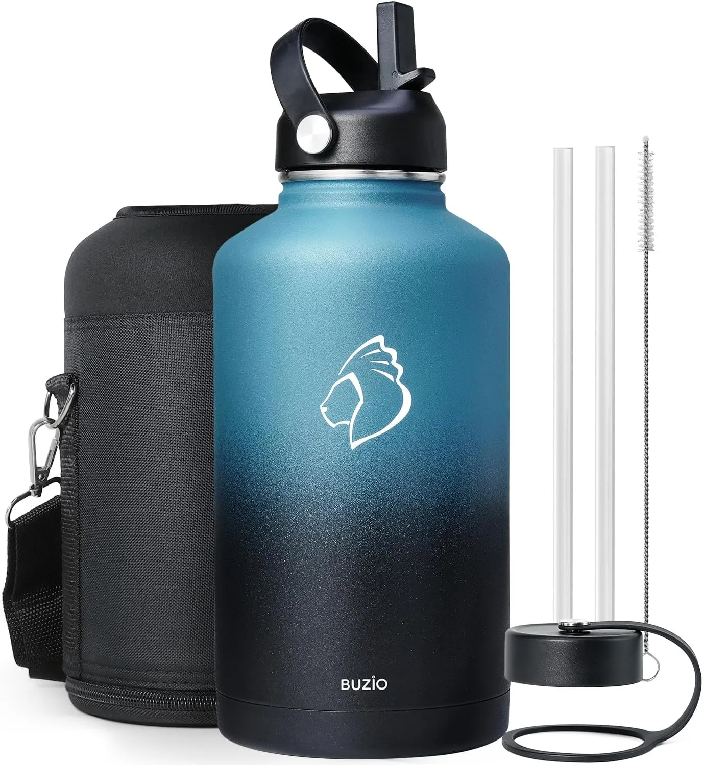 BUZIO Insulated Water Bottle with Straw Lid and Flex Cap, 64oz Double Wall Vacuum Stainless Steel Water Thermo Wide Mouth Lid, Cold for 48 Hrs Or Hot for 24 Hrs Sweat Proof Flask, Indigo Crush