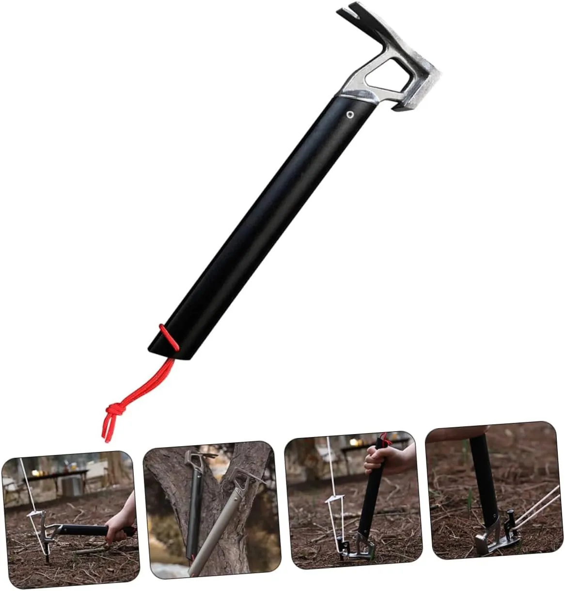 Camp Stake Outdoor Kit Rope Tool Tarp Inflatable Adjustable Portable Tent Peg Titanium Hammer Campsite Axe Screw Hammock Poles Tents Fly Nail Puller Aluminum Alloy Black