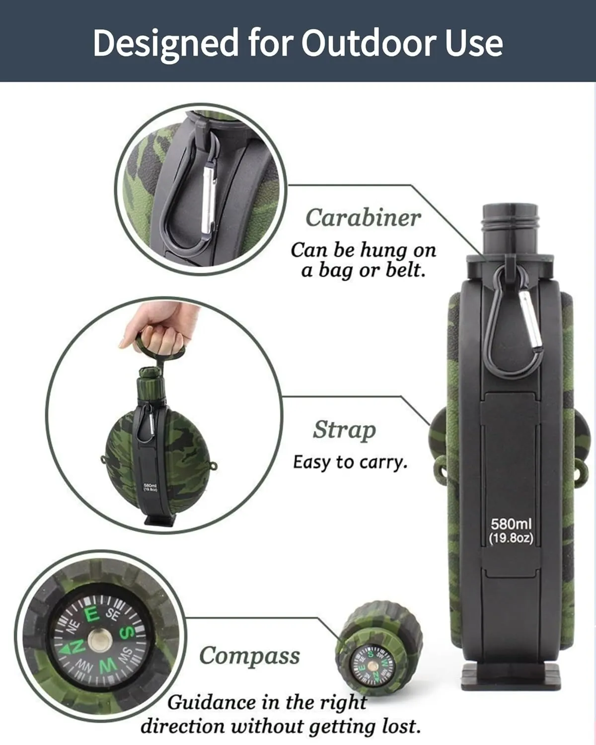 Camping Collapsible Water Bottle | Portable Compass Silicone Hydration Flask 580ml (Camouflage Green)