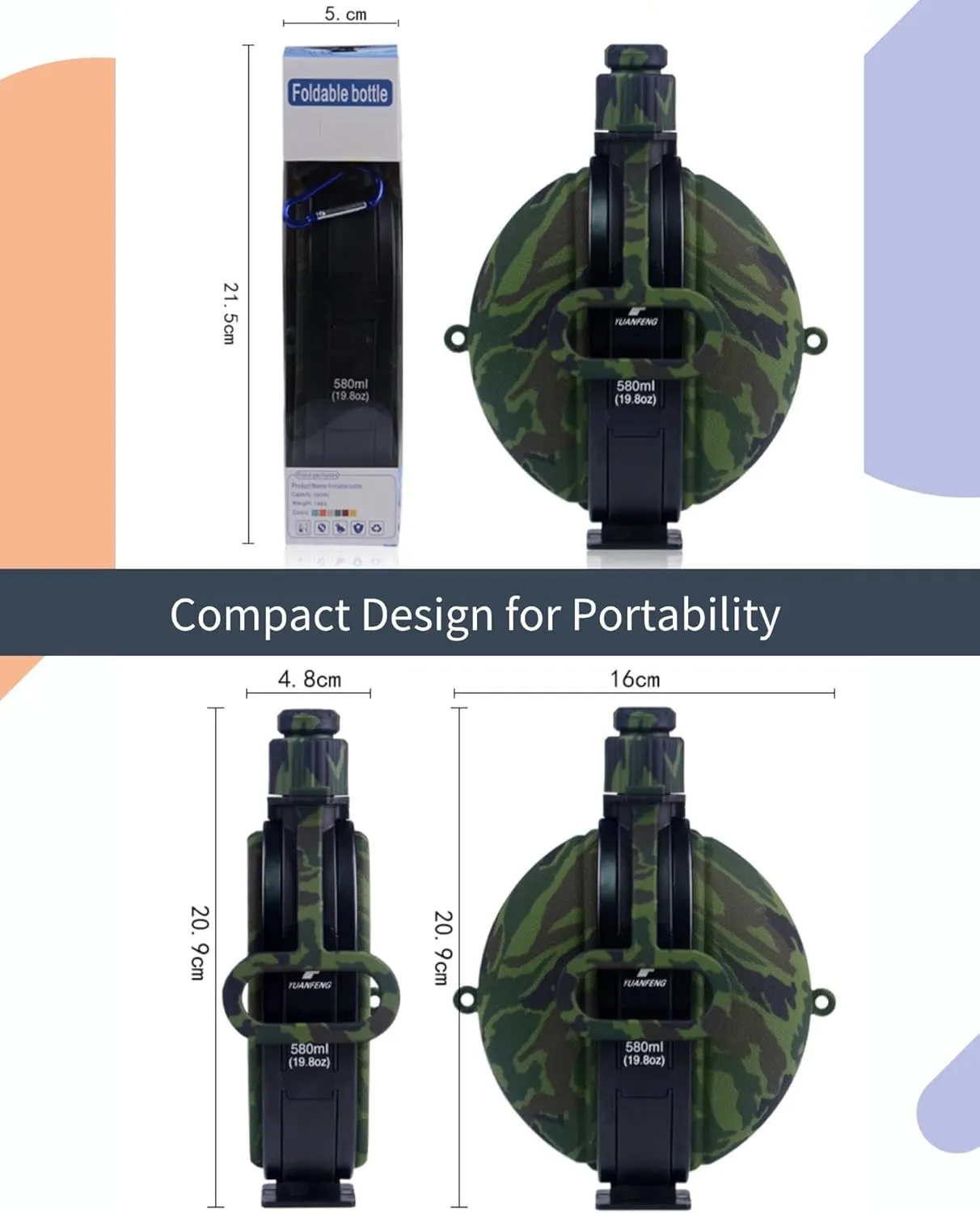 Camping Collapsible Water Bottle | Portable Compass Silicone Hydration Flask 580ml (Camouflage Green)