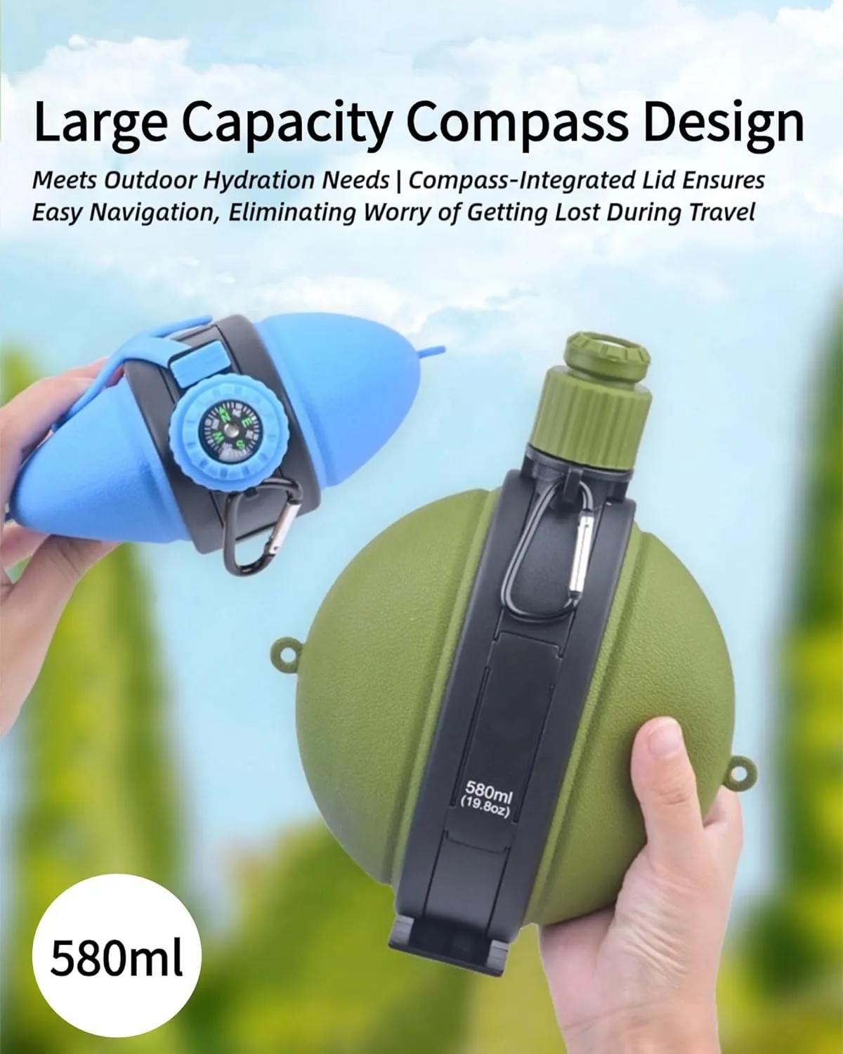 Camping Collapsible Water Bottle | Portable Compass Silicone Hydration Flask 580ml (Camouflage Green)