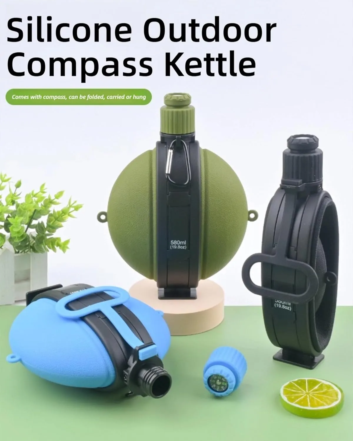 Camping Collapsible Water Bottle | Portable Compass Silicone Hydration Flask 580ml (Camouflage Green)