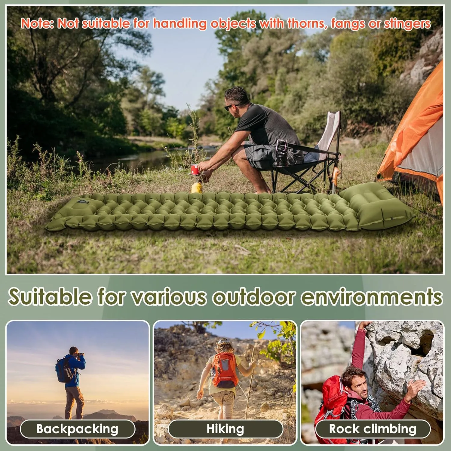 Camping Sleeping Pad, Inflatable Sleeping Mat with Storage Bag, Portable Camping Mat with Pillow Built-in Foot Pump, Double Sleeping Pad for Traveling Outside(Green,Single Person)