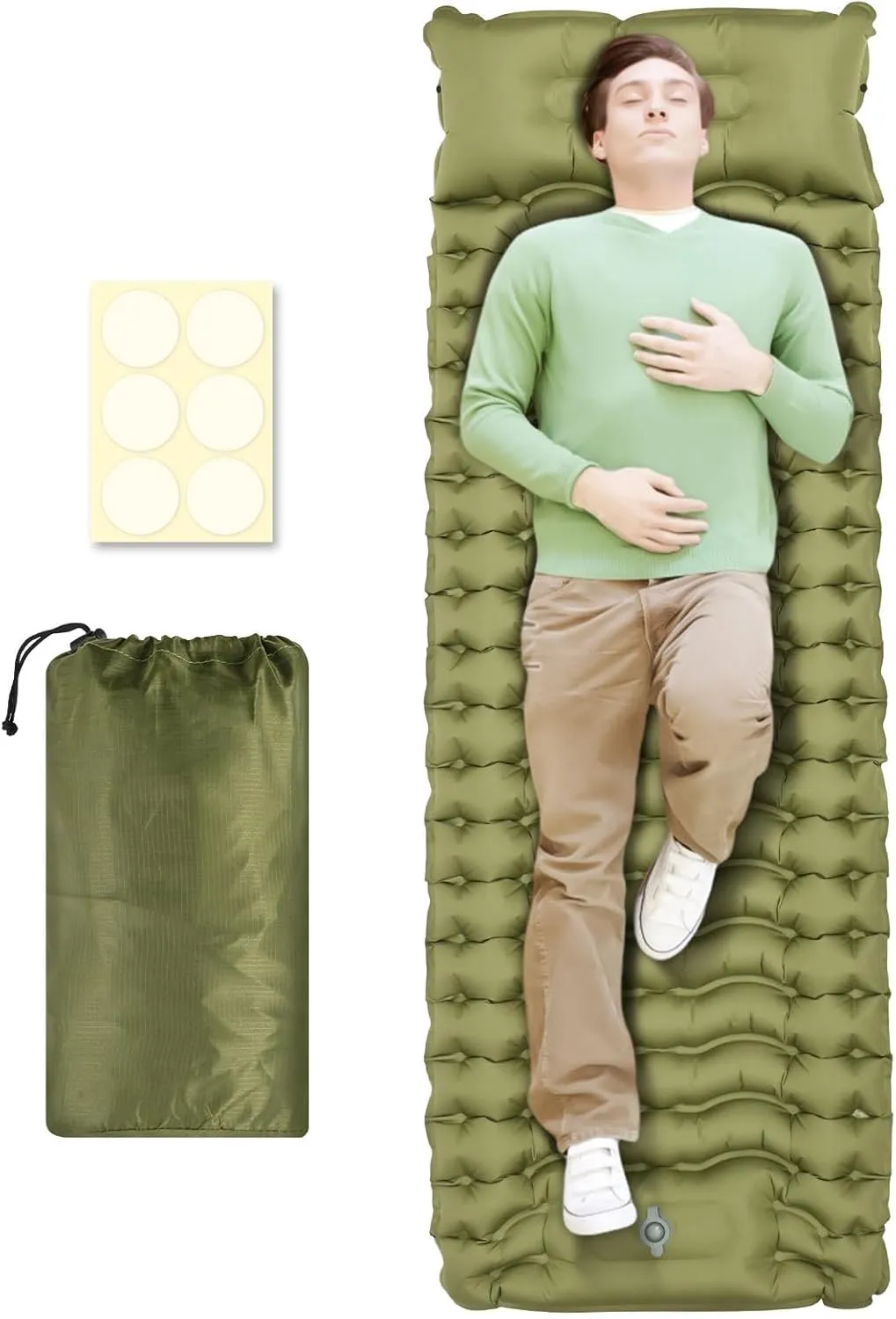 Camping Sleeping Pad, Inflatable Sleeping Mat with Storage Bag, Portable Camping Mat with Pillow Built-in Foot Pump, Double Sleeping Pad for Traveling Outside(Green,Single Person)