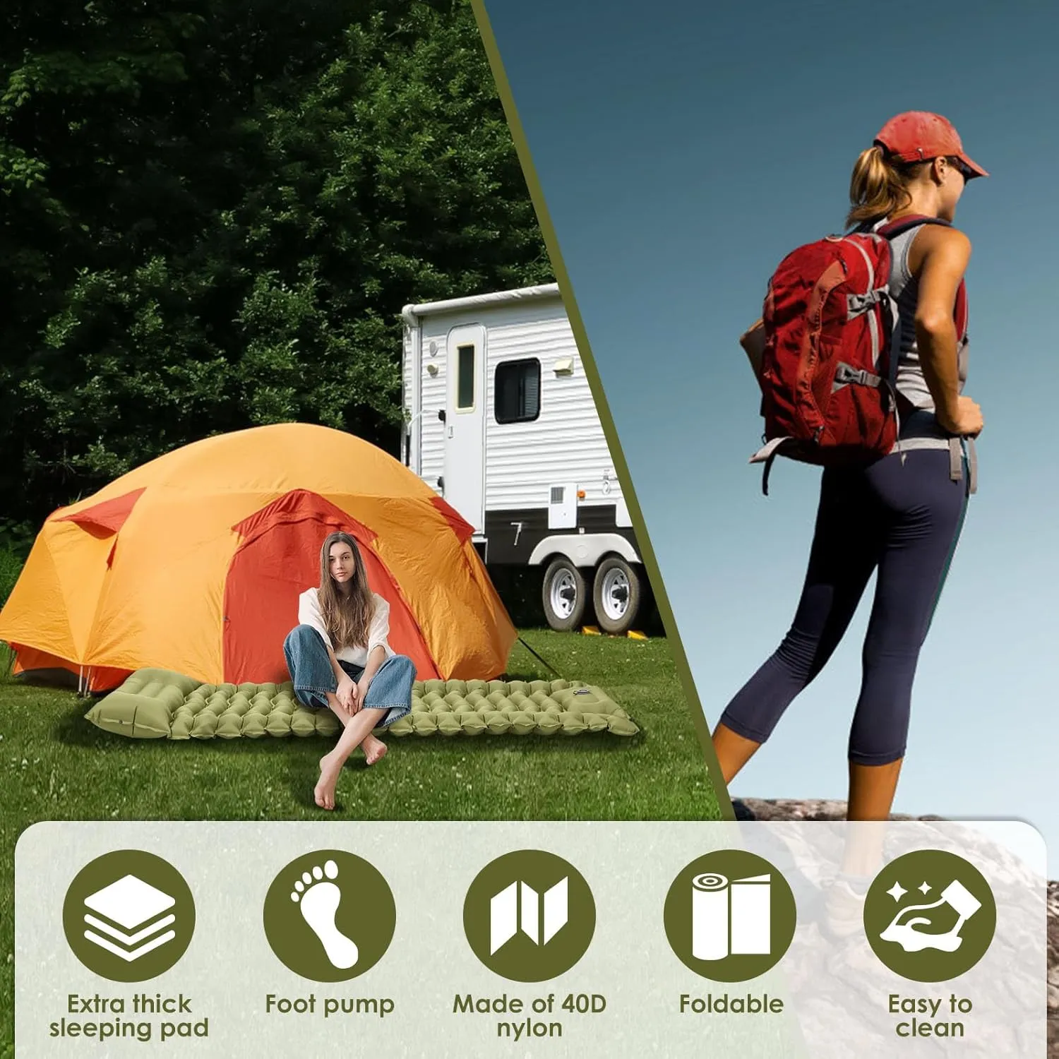 Camping Sleeping Pad, Inflatable Sleeping Mat with Storage Bag, Portable Camping Mat with Pillow Built-in Foot Pump, Double Sleeping Pad for Traveling Outside(Green,Single Person)