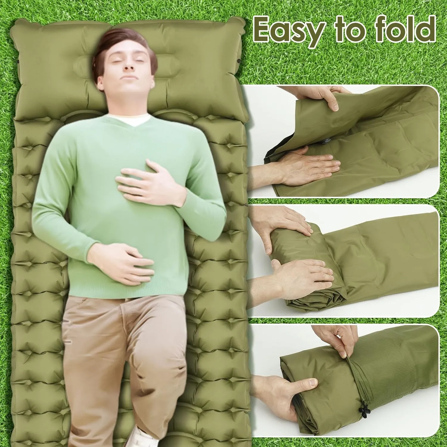 Camping Sleeping Pad, Inflatable Sleeping Mat with Storage Bag, Portable Camping Mat with Pillow Built-in Foot Pump, Double Sleeping Pad for Traveling Outside(Green,Single Person)