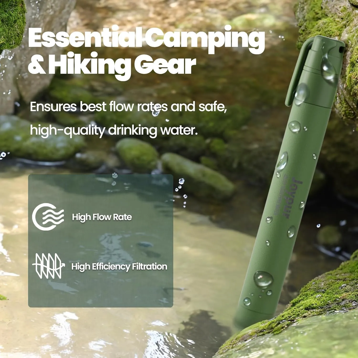 Camping Water Filtration Straw,Personal Water Filter Survival for Backup Filtration,Hiking,Travel - Emergency Portable Gear (2PCS,Green Black)