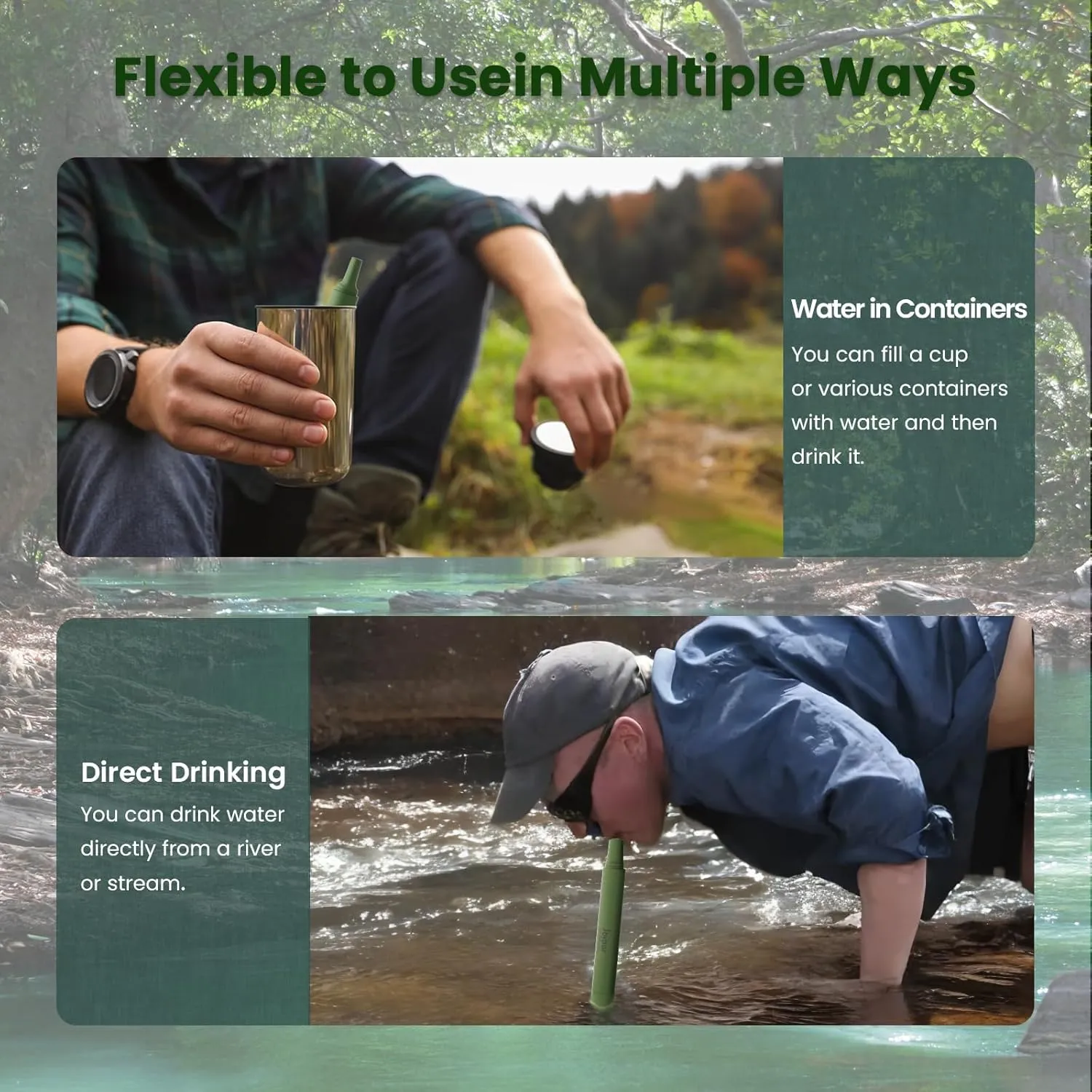 Camping Water Filtration Straw,Personal Water Filter Survival for Backup Filtration,Hiking,Travel - Emergency Portable Gear (2PCS,Green Black)