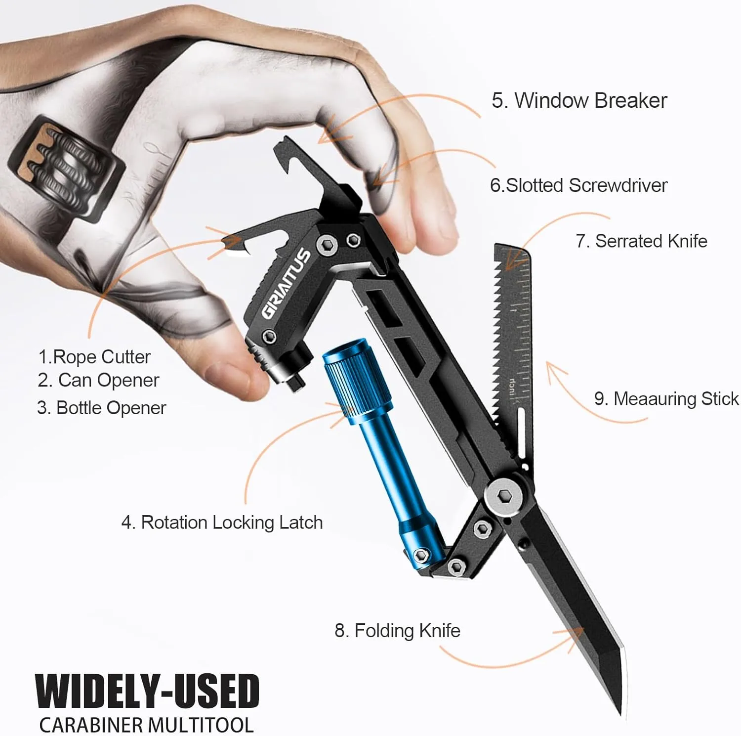 Carabiner Multitool with Pocket Knives, EDC Carabiners, Serrated Knife, Rope Cutter, Screwdriver, Can Bottle Opener, Ruler, Folding Knife for Camping Hiking, Gifts for Men (Blue)