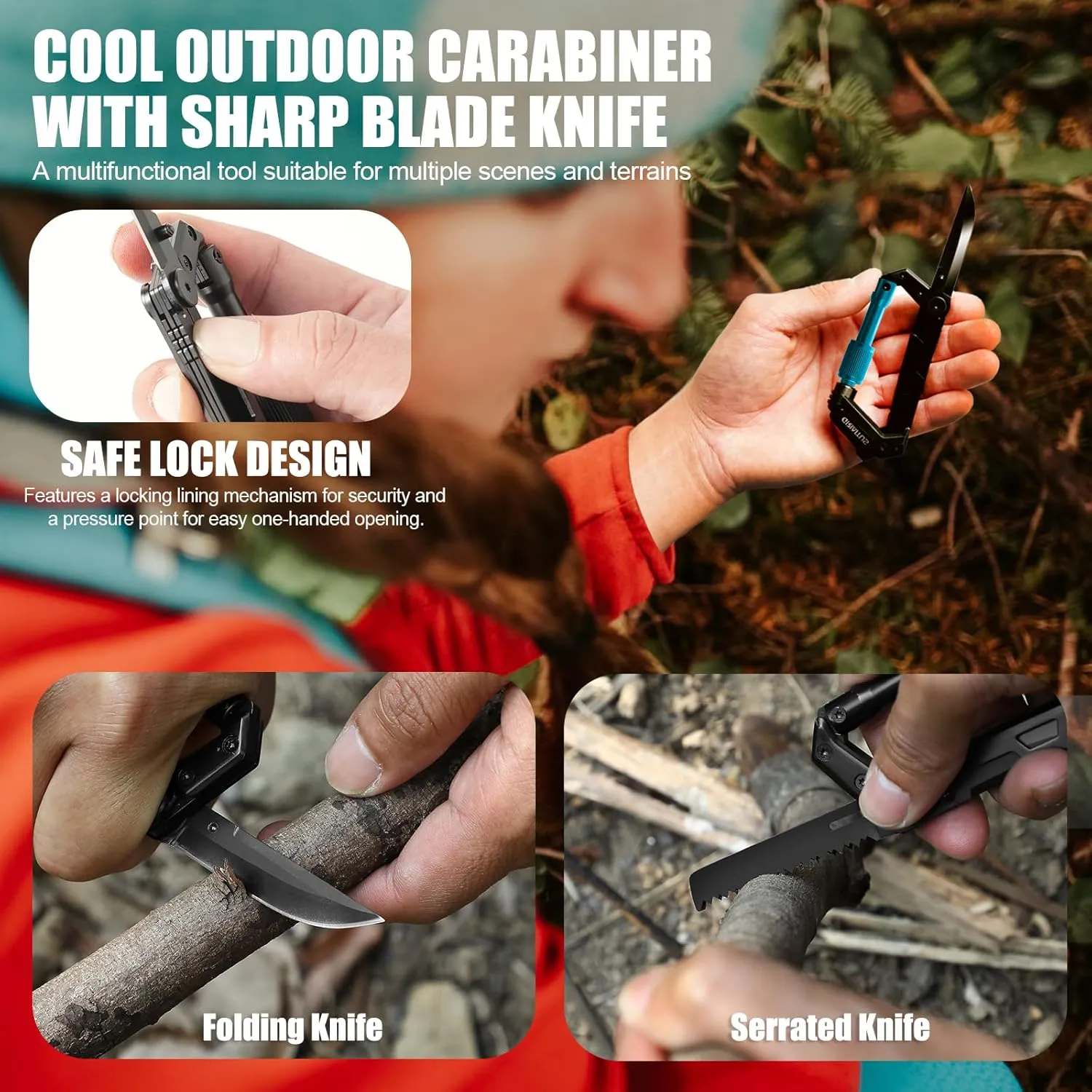 Carabiner Multitool with Pocket Knives, EDC Carabiners, Serrated Knife, Rope Cutter, Screwdriver, Can Bottle Opener, Ruler, Folding Knife for Camping Hiking, Gifts for Men (Blue)