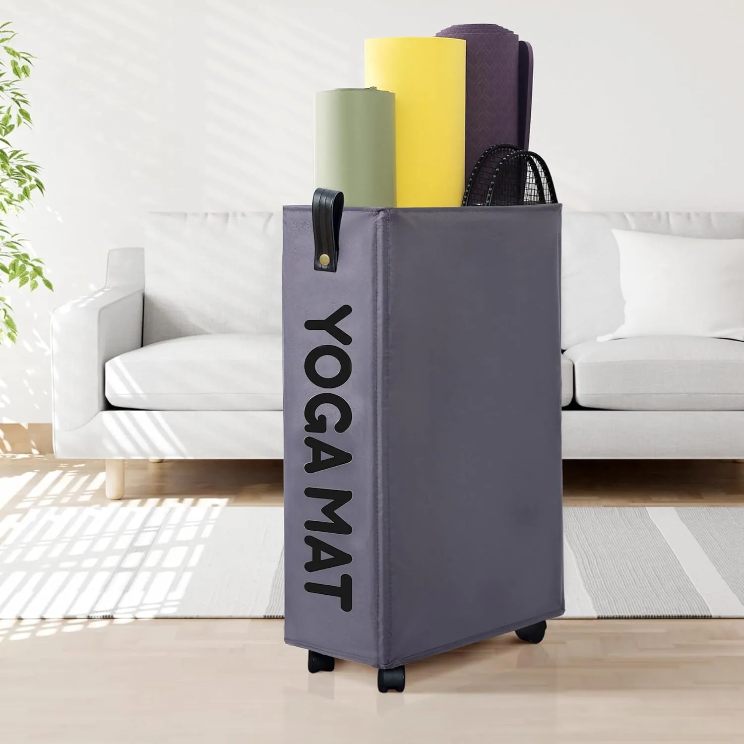 Caroeas Yoga Mat Storage Rack, Yoga Mat Holder Accessories, Home Gym Equipment Storage Yoga Mats, Women Men Workout Equipment Organization with Wheels
