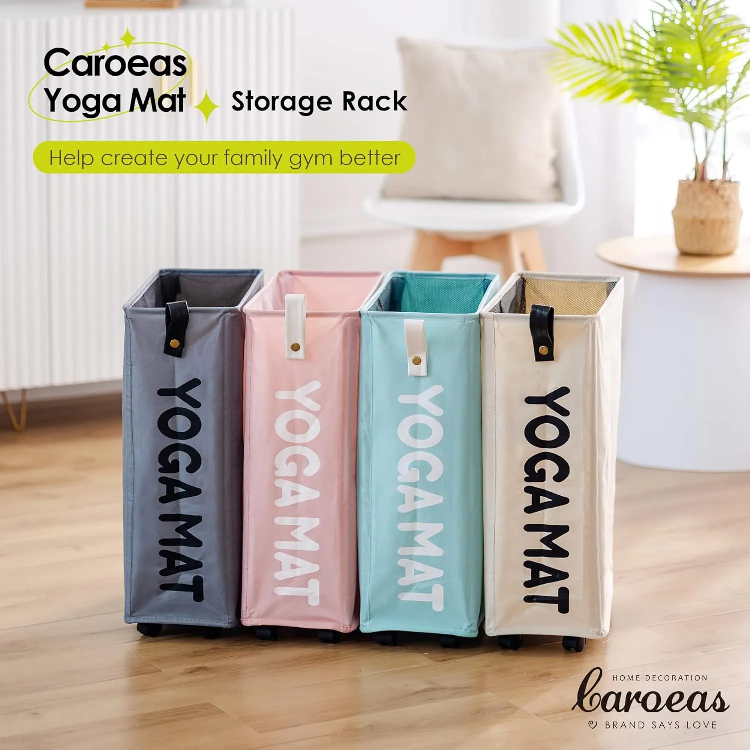 Caroeas Yoga Mat Storage Rack, Yoga Mat Holder Accessories, Home Gym Equipment Storage Yoga Mats, Women Men Workout Equipment Organization with Wheels