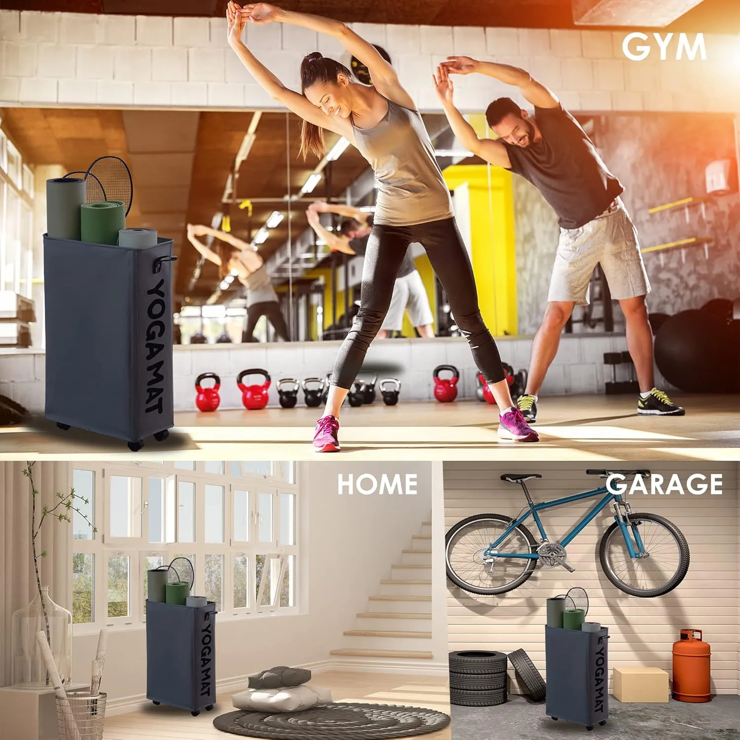 Caroeas Yoga Mat Storage Rack, Yoga Mat Holder Accessories, Home Gym Equipment Storage Yoga Mats, Women Men Workout Equipment Organization with Wheels