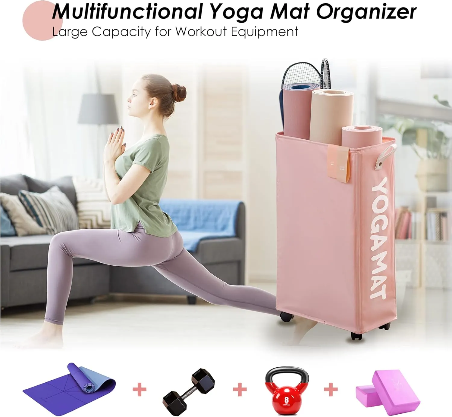 Caroeas Yoga Mat Storage Rack, Yoga Mat Holder Accessories, Home Gym Equipment Storage Yoga Mats, Women Men Workout Equipment Organization with Wheels