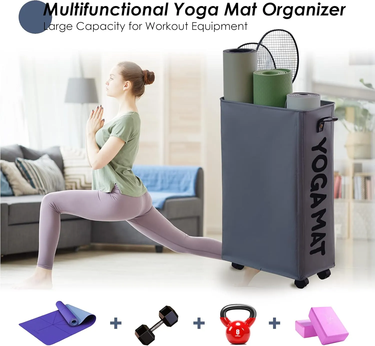 Caroeas Yoga Mat Storage Rack, Yoga Mat Holder Accessories, Home Gym Equipment Storage Yoga Mats, Women Men Workout Equipment Organization with Wheels