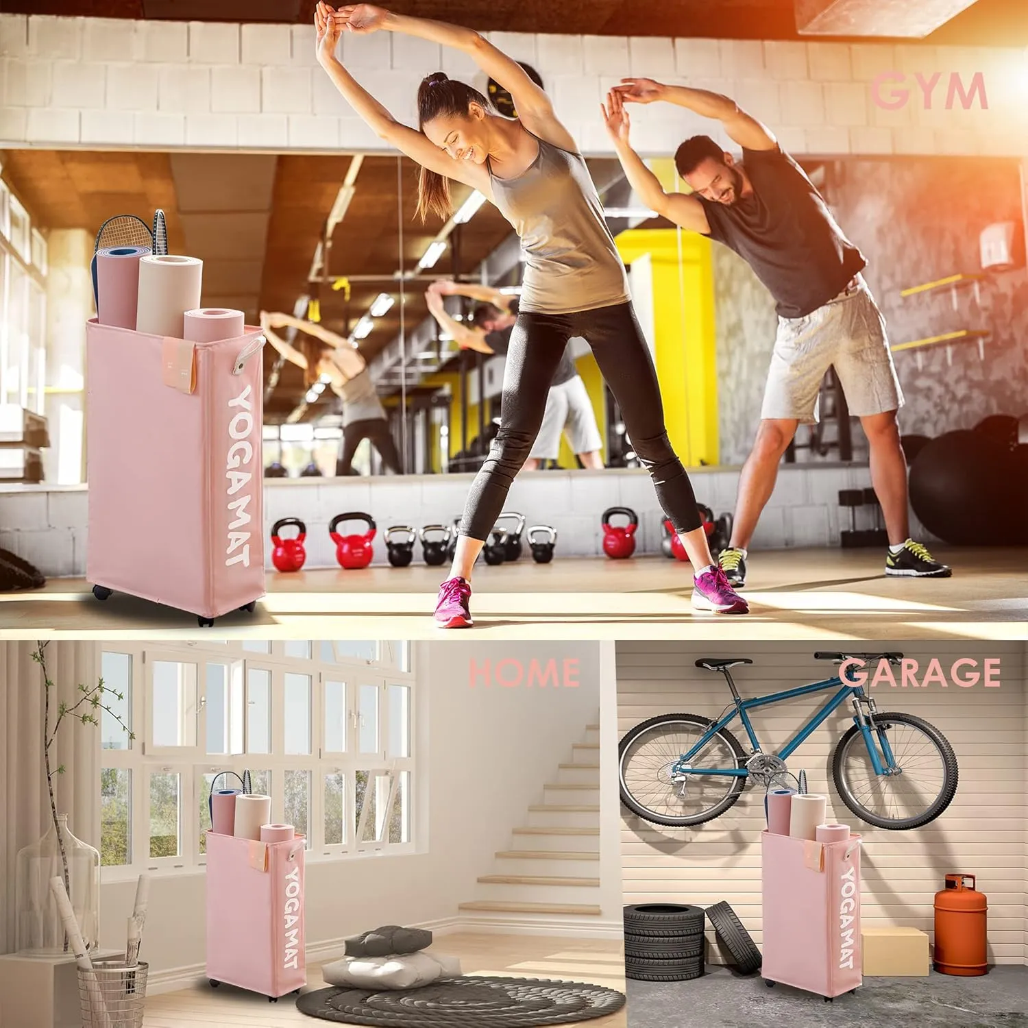 Caroeas Yoga Mat Storage Rack, Yoga Mat Holder Accessories, Home Gym Equipment Storage Yoga Mats, Women Men Workout Equipment Organization with Wheels