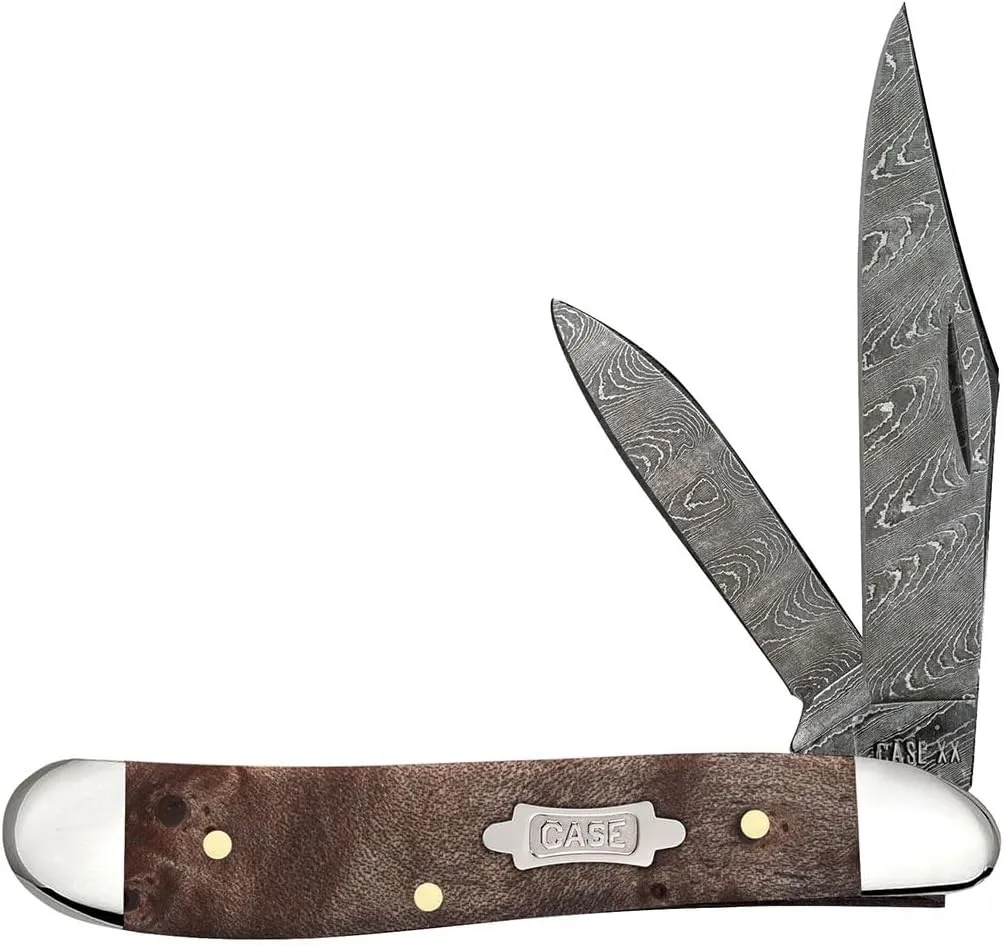 Case XX Pocket Knife PEANUT - NATURAL MAPLE BURL WOOD LADDER DAMASCUS Item #15094-7220 DAM - Length Closed: 2 7/8Inches