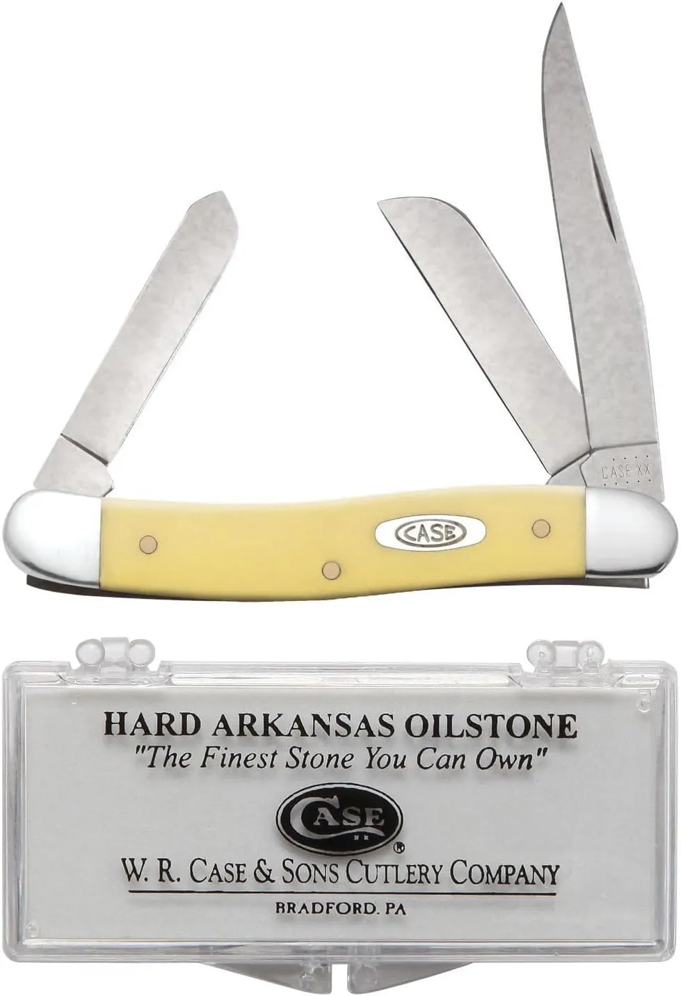 Case XX WR Pocket Knife Medium Stockman, Yellow Synthetic Handle, Carbon Steel Blades, Length Closed: 3 5/8 Inches W/Sharpening Stone
