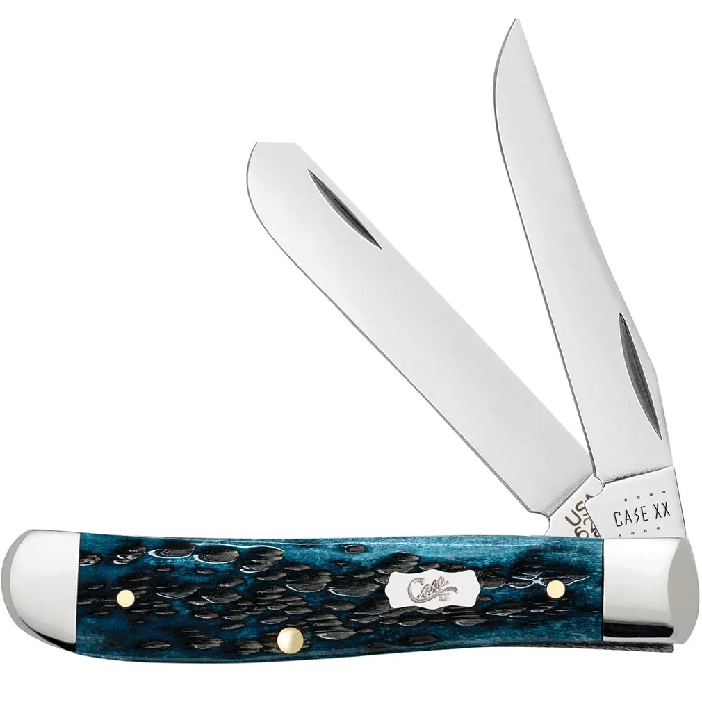 Case XX WR Pocket Knife MINI Trapper - Pocket Worn® Mediterranean Blue Bone PS JIG, Item 51852, Length Closed 3 1/2 INCH (6207 SS)