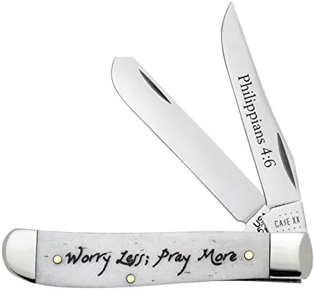Case XX WR Pocket Knife Mini Trapper Worry Less, Pray More Natural Smooth Bone Item #60869 - (6207 SS) - Length Closed: 3 1/2 Inches Closed