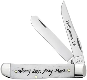 Case XX WR Pocket Knife Mini Trapper Worry Less, Pray More Natural Smooth Bone Item #60869 - (6207 SS) - Length Closed: 3 1/2 Inches Closed
