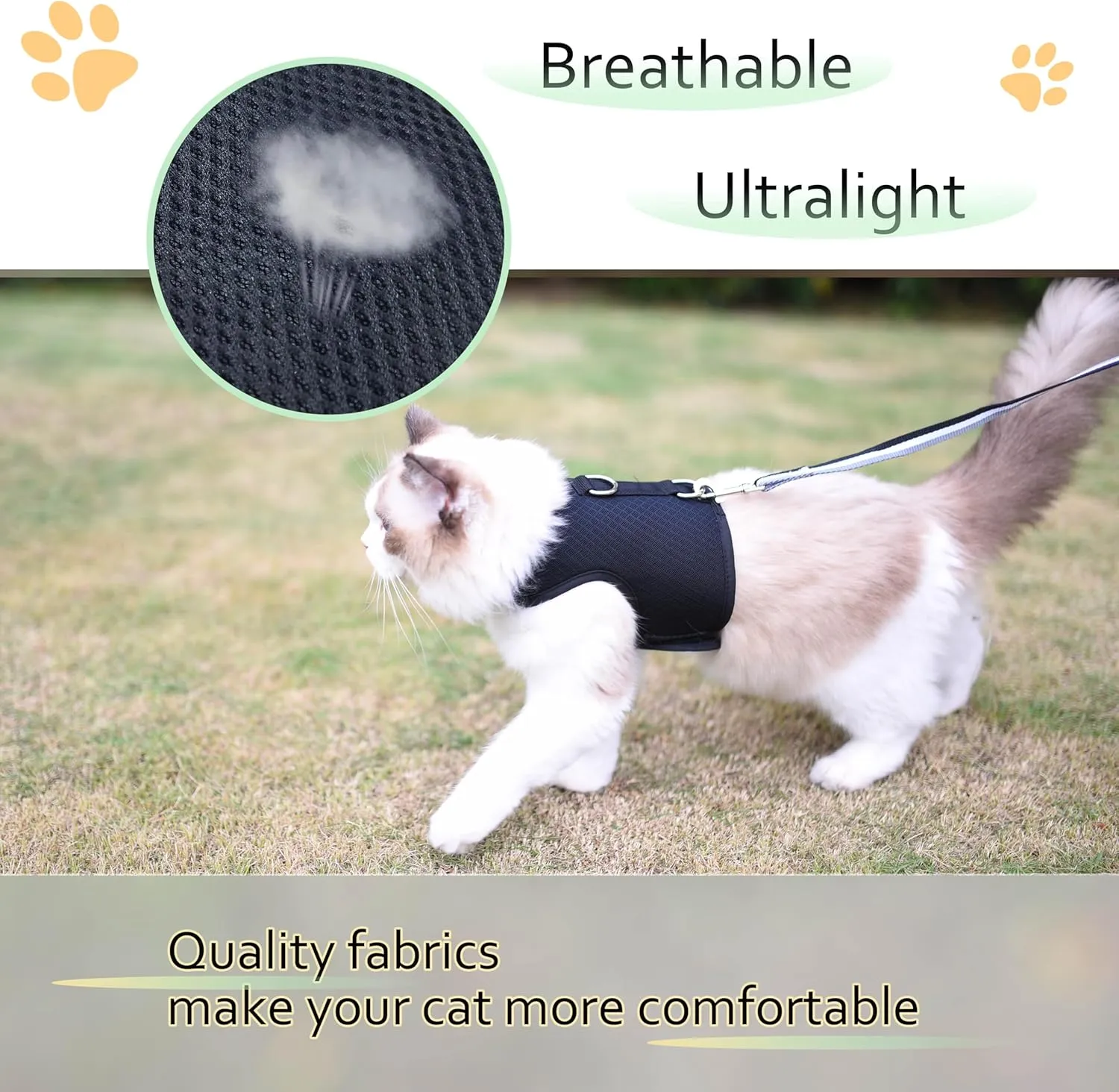 Cat Harness and Leash for Walking Escape Proof Breathable Mesh Fabric, Solid Black, Medium, Adjustable Cat Walking Jackets, Padded Stylish Cat Vest