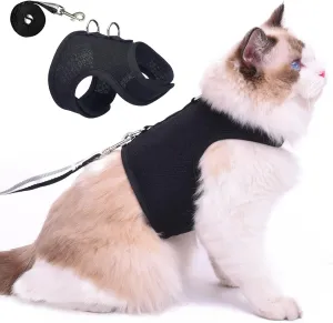Cat Harness and Leash for Walking Escape Proof Breathable Mesh Fabric, Solid Black, Medium, Adjustable Cat Walking Jackets, Padded Stylish Cat Vest