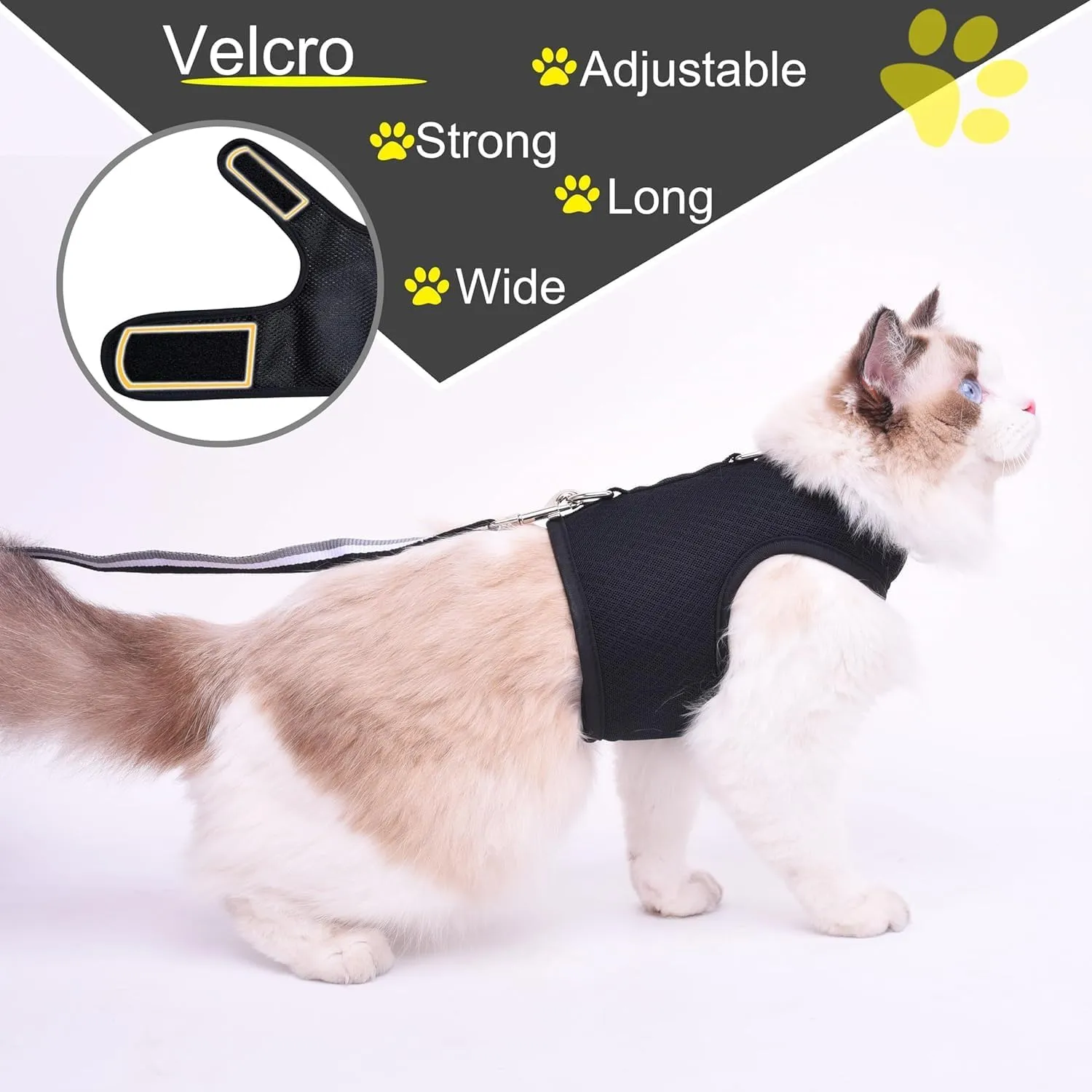 Cat Harness and Leash for Walking Escape Proof Breathable Mesh Fabric, Solid Black, Medium, Adjustable Cat Walking Jackets, Padded Stylish Cat Vest