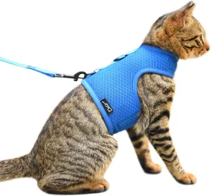 Cat Harness and Leash for Walking Escape Proof Breathable Mesh Fabric, Solid Blue, Extra Large, Adjustable Cat Walking Jackets, Padded Stylish Cat Vest
