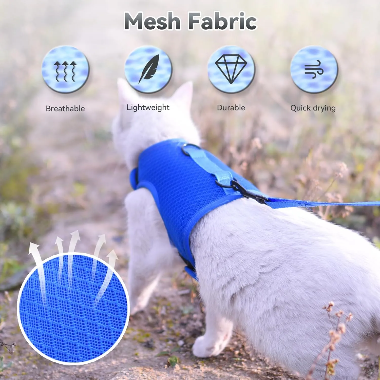 Cat Harness and Leash for Walking Escape Proof Breathable Mesh Fabric, Solid Blue, Extra Large, Adjustable Cat Walking Jackets, Padded Stylish Cat Vest