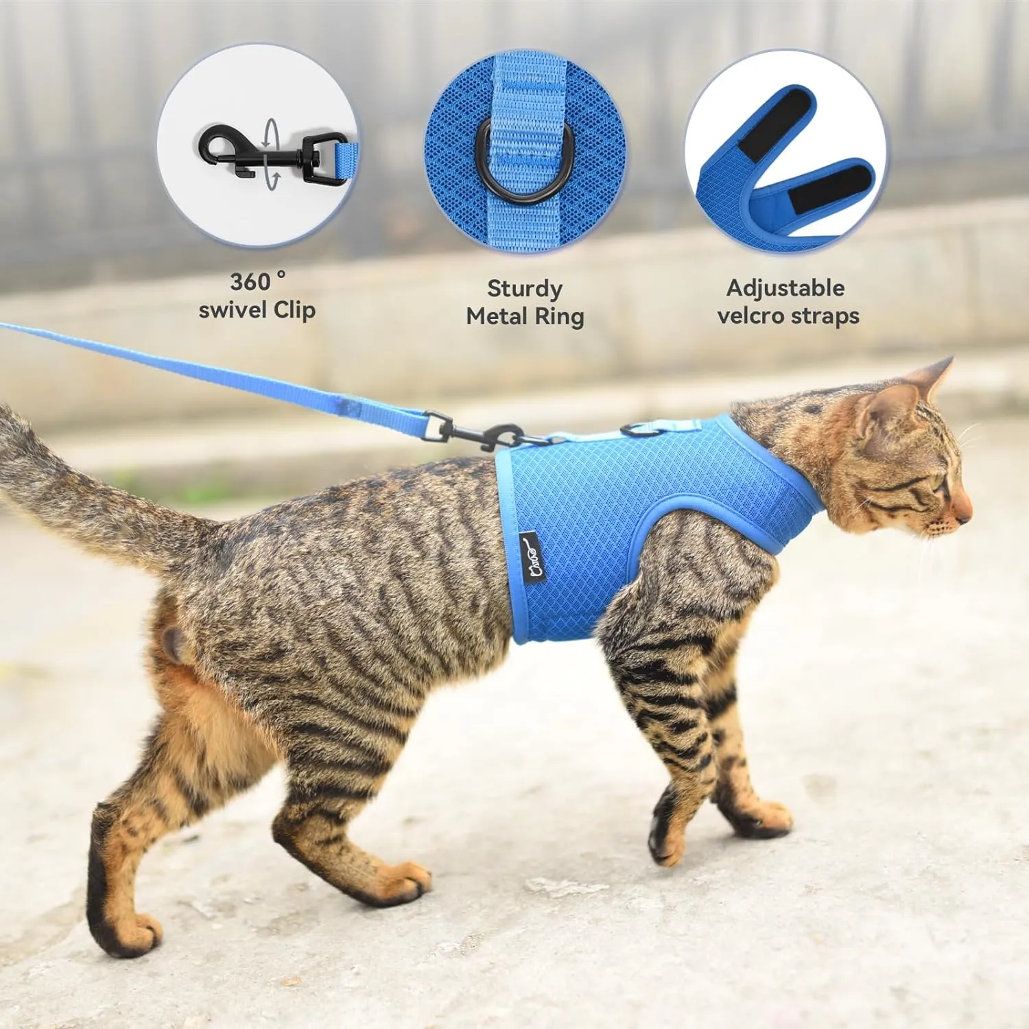 Cat Harness and Leash for Walking Escape Proof Breathable Mesh Fabric, Solid Blue, Extra Large, Adjustable Cat Walking Jackets, Padded Stylish Cat Vest